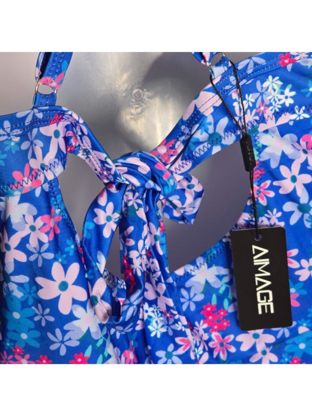Plus Size Floral Cutout One Piece Swim Dress 2XL Blue Crisscross Straps Lined - Picture 9 of 9
